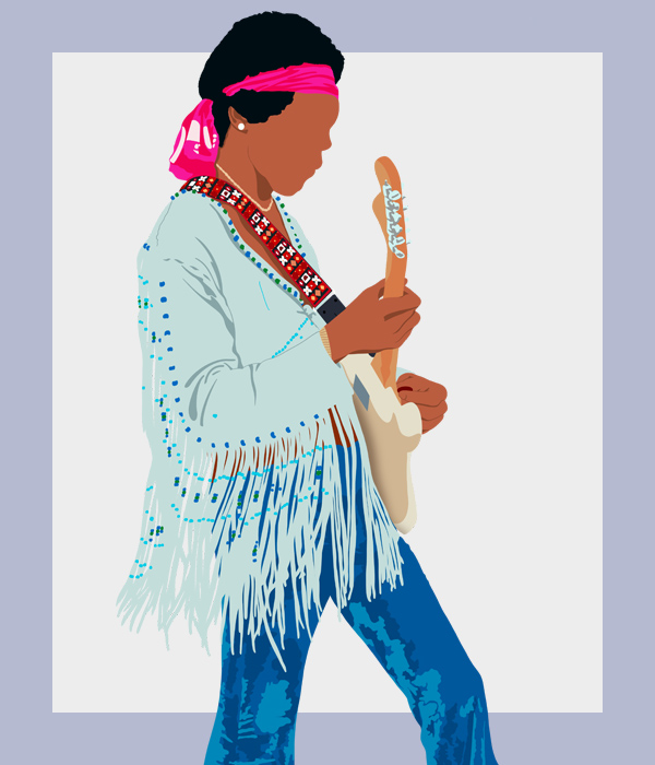 An illustration of Jimi Hendrix playing guitar in a tasseled jacket